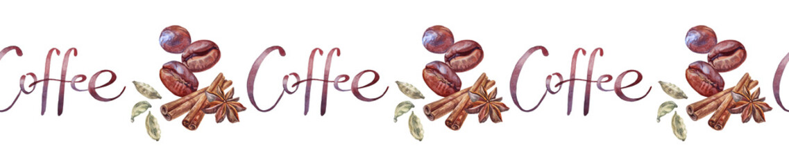 Watercolor seamless border with coffee bean and cinnamon and badian on white background. Fragrance condiment and lettering for cooking dessert or drink. Christmas food. Cookbook and wallpaper rim