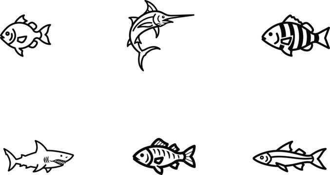 Variety of fish species in minimalist black and white line art design offering versatile design possibilities and creative applications showcasing aquatic diversity and simplistic elegance