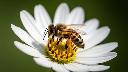 A detailed macro shot of a honeybee collecting pollen from a delicate white daisy flower