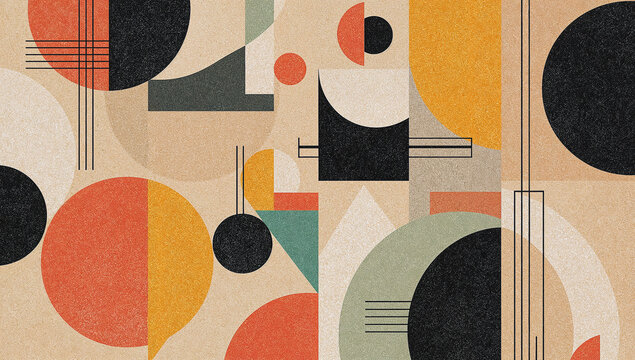 Vibrant abstract geometric composition with circles triangles squares