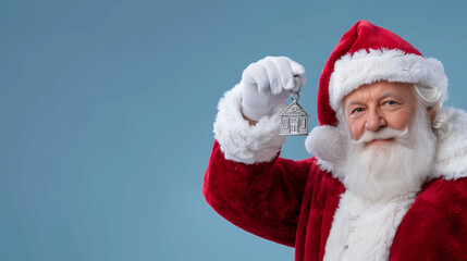 Elderly man with white beard dressed in festive red attire holds a decorative keychain shaped like a house, embodying the spirit of holiday cheer and gift-giving traditions