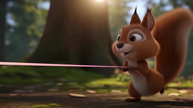 A cute animated squirrel pulls a red string through a sunlit forest.