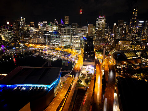 Darling Harbour and freeway at night