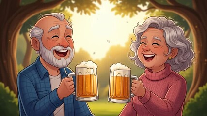 Elderly couple laughing and toasting with beer mugs in a park.