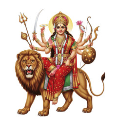 Hindu Goddess Durga Devi Riding Lion with Many Arms Holding Weapons PNG Oil Paint