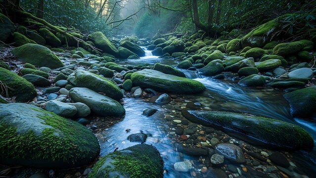 Serene forest stream flowing through moss covered rocks in a lush green canyon