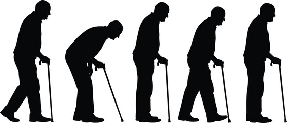 Obraz premium Silhouette sequence of elderly man walking with cane, aging progression poses for health, mobility, medical, senior care and rehabilitation illustration themes