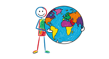 Colorful Stick Figure Holding Vibrant World Globe, Illustrating Global Unity