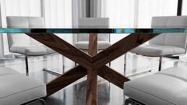 Modern dining set with glass table and upholstered chairs in a well lit interior