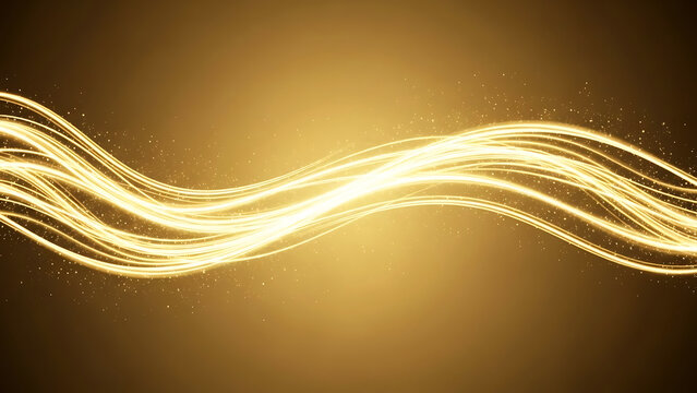 Golden light streaks with sparkling particles on a dark gold background sparkle