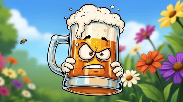 Cartoon beer mug character in a vibrant flower garden, looking angry and stressed with a bee flying nearby.