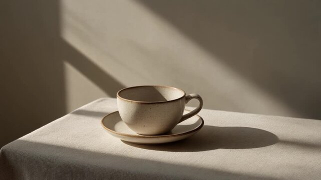 A speckled ceramic mug and saucer rest on a textured tablecloth bathed in dramatic sunlight