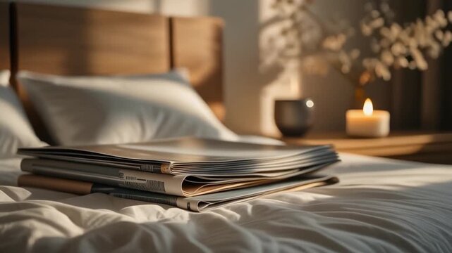 A stack of magazines lies on a rumpled white duvet with a lit candle nearby