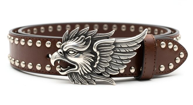 Stylish brown leather belt with a prominent silver eagle buckle, detailed and visually appealing.