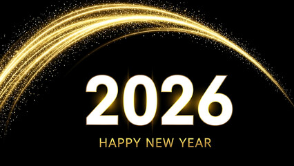 White 2026 numbers with golden light streaks and sparkles on black year happy