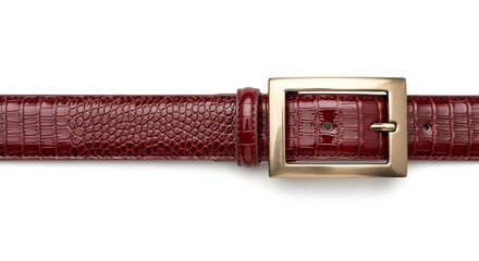 Close-up of a stylish dark red faux crocodile leather belt with a brushed golden metal buckle.