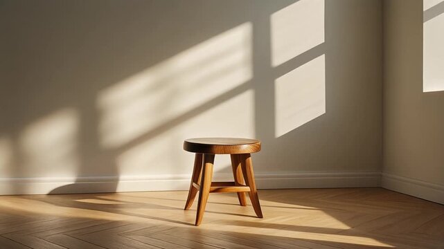 A wooden stool sits on a herringbone floor with sunlight casting window shadows on the wall