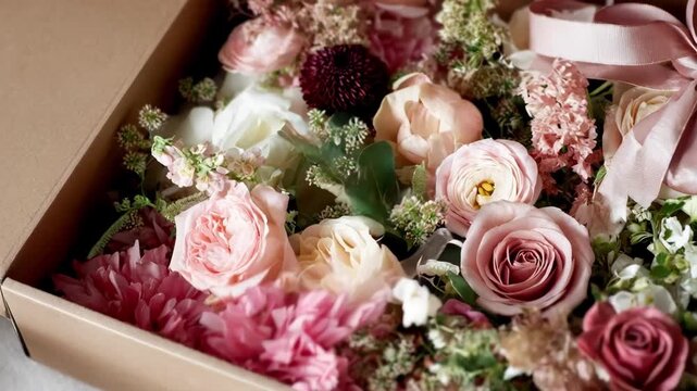 Medium shot of a premium floral subscription box reveal highlighting luxurious rare flower varieties elegantly packaged with delicate wrapping and ribbons.