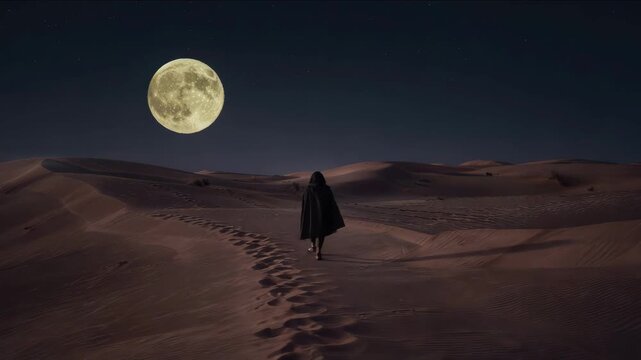 Mysterious figure journeys across serene desert dunes under the captivating glow of a full moon at night