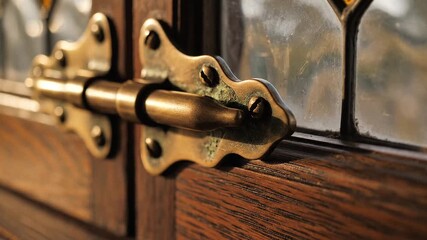 Antique brass bolt and stained glass window on wooden frame - Powered by Adobe
