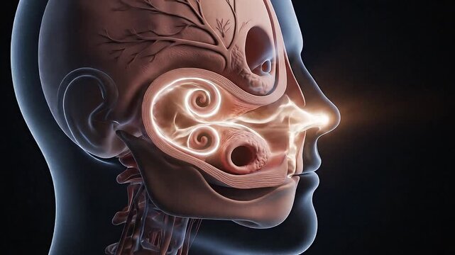 Anatomical illustration of the nasal cavity with swirling air currents