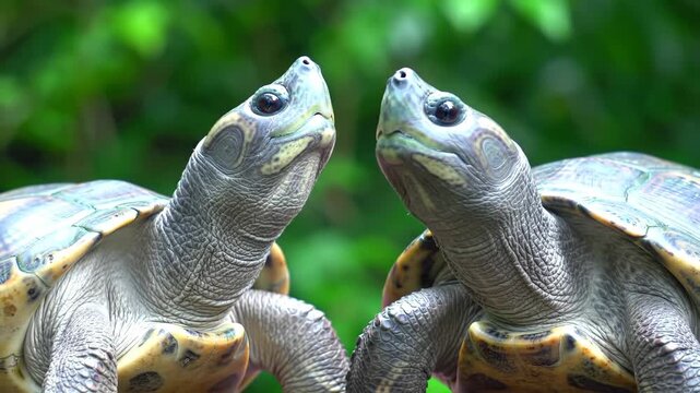 Two reptile heads emerge in focus against soft green foliage background