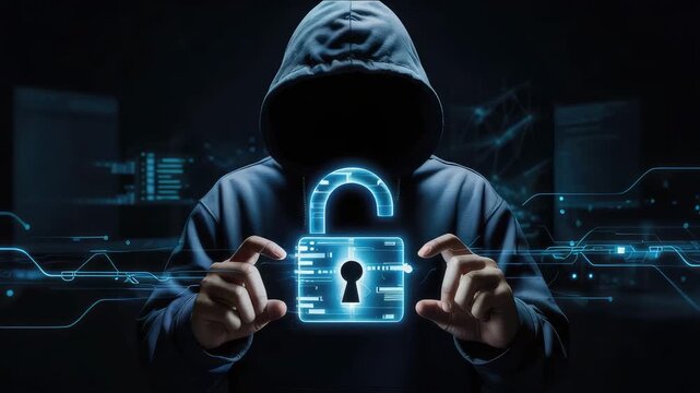 Anonymous hacker unlocks digital security with glowing padlock in dark cyberspace scene - Powered by Adobe