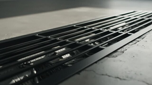 Black metal grate with parallel slats on a concrete surface