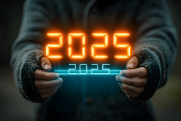 Hands holding neon glowing loading bar 2025 to 2026 transition future progress concept time progress innovation technology development