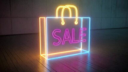 Bright neon sign displays sale in an empty retail space