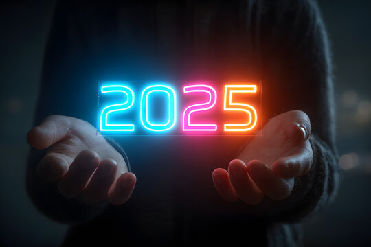 Hands holding neon glowing loading bar 2025 to 2026 transition future progress concept time progress innovation technology development - Powered by Adobe