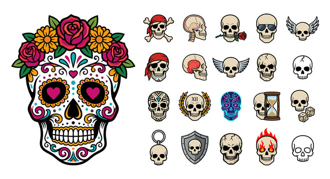A collection of various skull illustrations, including a decorated sugar skull and other unique designs.