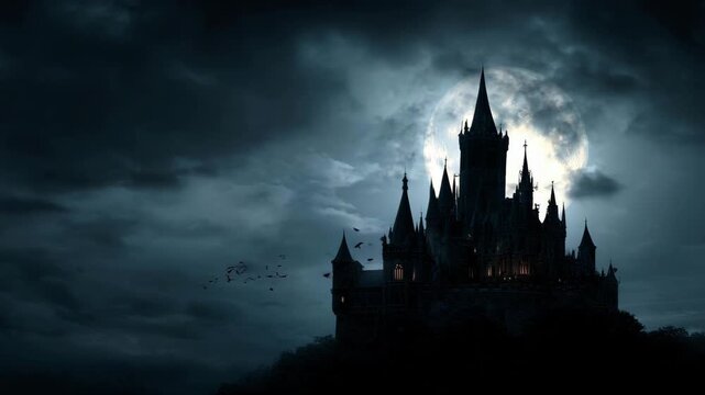 Mysterious castle shrouded in darkness with flying bats at night