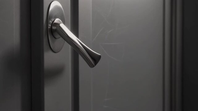 Closeup of a brushed metal door handle on a grey door