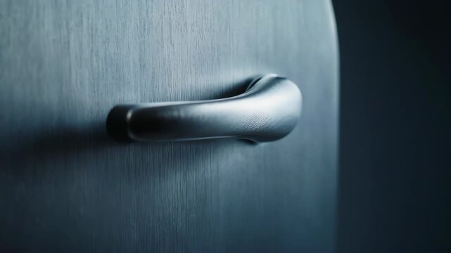 Closeup of a metallic door handle on a textured wooden door