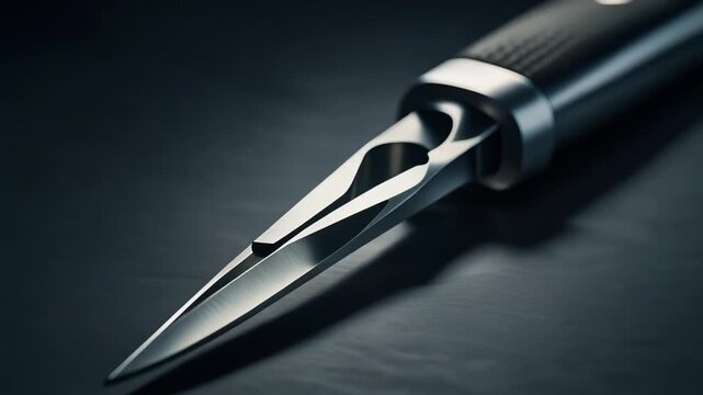 Closeup of a sharp metallic knife with intricate blade design on a dark surface