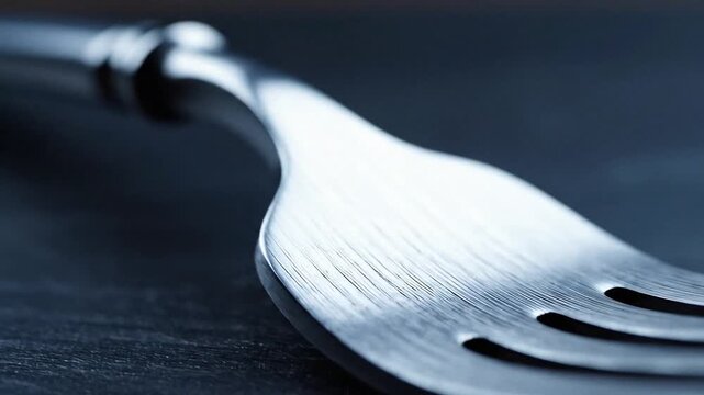 Closeup of a shiny metal fork with tines against a dark textured surface