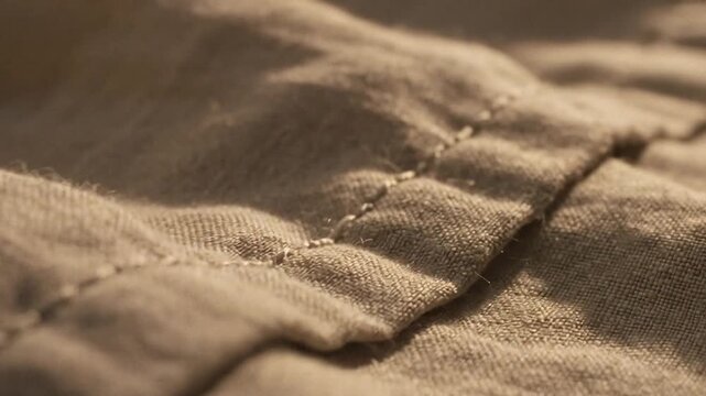 Closeup of a tan fabric with visible stitching and texture