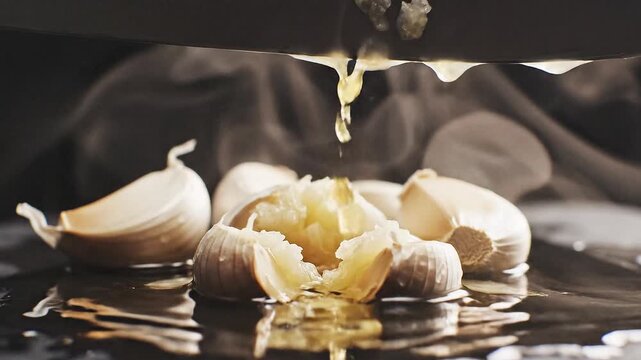 Closeup of garlic cloves with liquid pouring over them