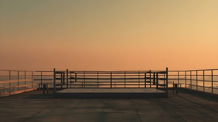 Naklejka premium Empty Rooftop Boxing Ring In Sunset Orange And Steel Minimal Urban Athletic Training Venue