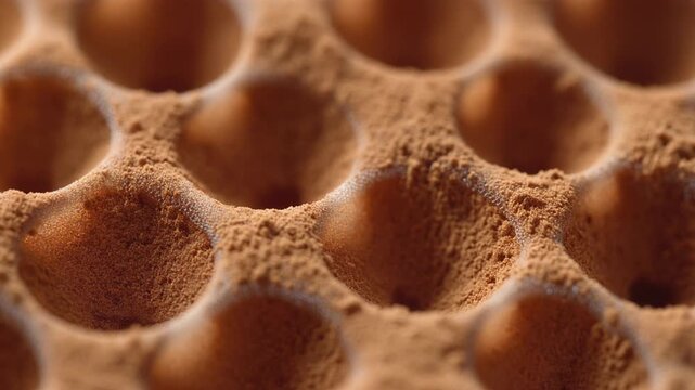 Closeup of textured brown powder in honeycomb pattern