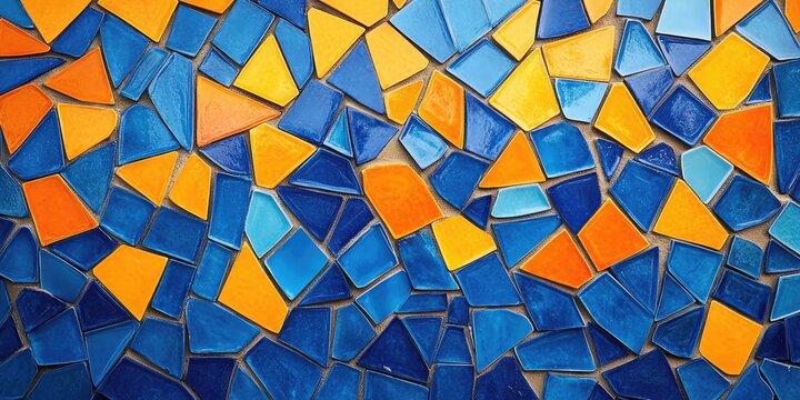 A blue and orange mosaic tile wall