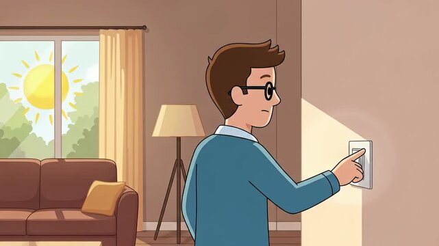 Man turns off the light switch in a bright room.