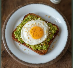 Close-up of healthy avocado toast on wholegrain bread topped with creamy mashed avocado, perfectly fried egg with runny yolk, sprinkled with sesame seeds and black pepper. 