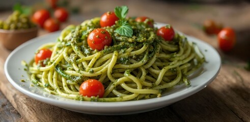 Classic Spaghetti with Fresh Basil Pesto and Cherry Tomatoes on Rustic Wooden Table