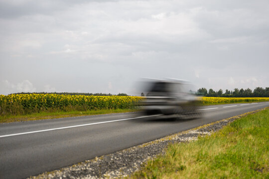 Speeding Vehicle on a Rural Road Lined With Sunflowers