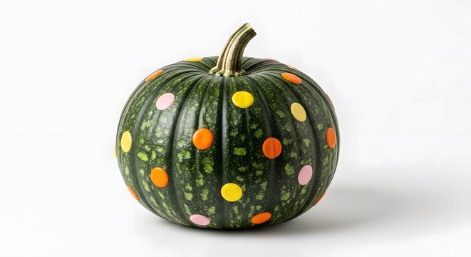 Spotted green pumpkin isolated on white surface, adding rustic fall charm to decorations with simple yet elegant design for holiday season