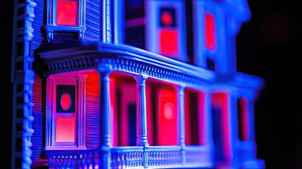 A miniature haunted house model is illuminated with vibrant red and blue lights, creating a spooky and mysterious atmosphere.
