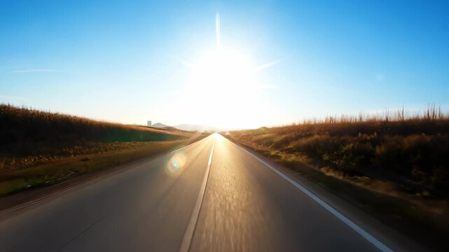 An endless road stretches forward under a brilliant sun, illuminating the landscape with vibrant light. Lush greenery lines the sides, contrasting beautifully against the bright bl