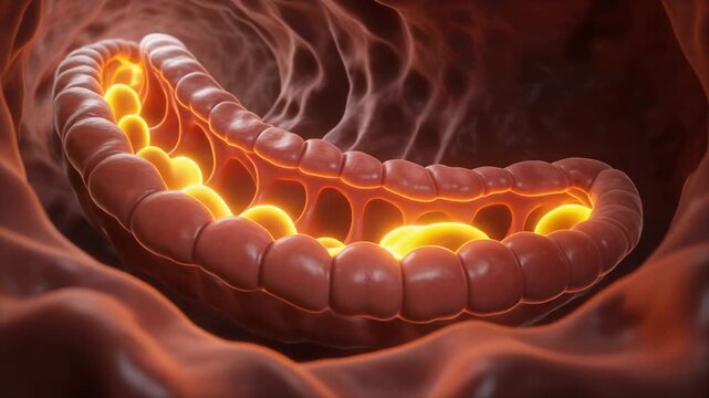 Microscopic view of a colons interior showing segmented walls and glowing contents